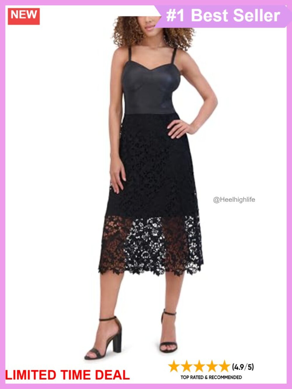 Faux Leather Floral Lace Sweetheart Midi Dress Sleeveless Casual